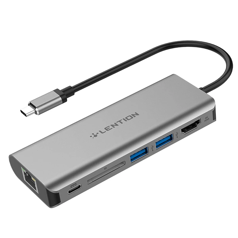 

LENTION 6 в 1 адаптер концентратора из алюминия Type-C в USB-C + 2 x USB 3,0 Type-C в HDMI сетевой порт SD кардридер для ПК Серебристый