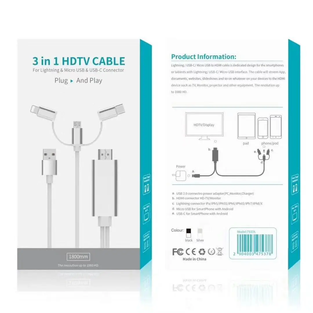 Кабель MHL 3 в 1 для iPhone HDMI-совместим с телефоном Samsung и проектором TV HDMI-совместимый
