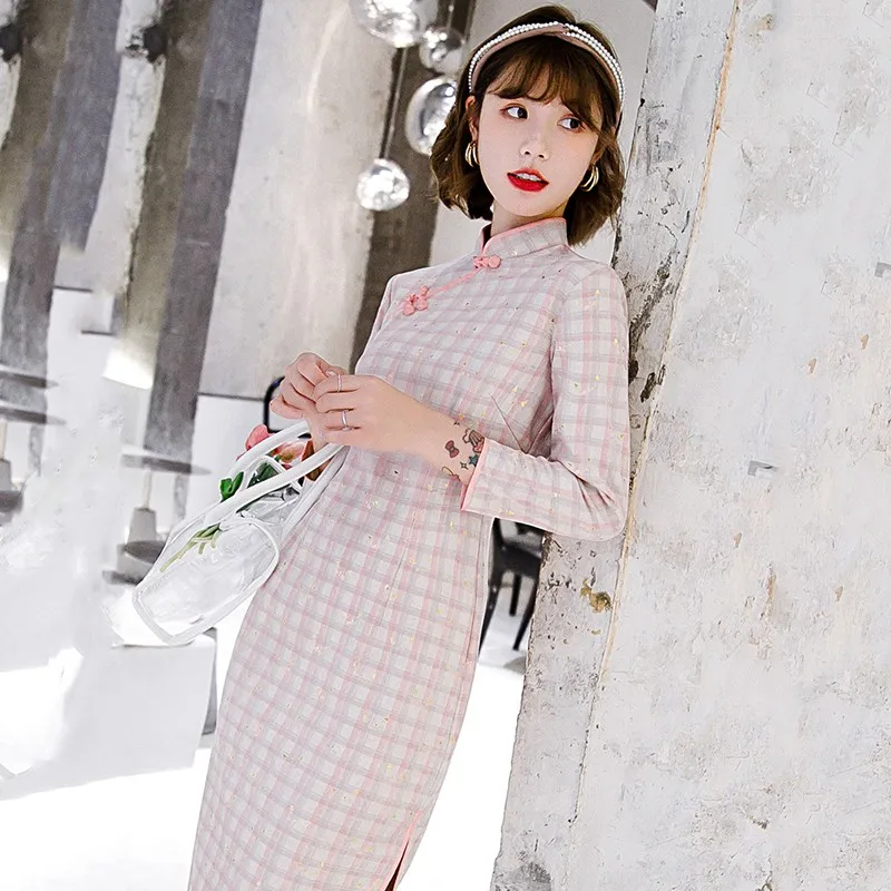 

Классическое клетчатое платье для молодых девушек Qipao, винтажное китайское традиционное китайское платье с воротником-стойкой, сексуально...
