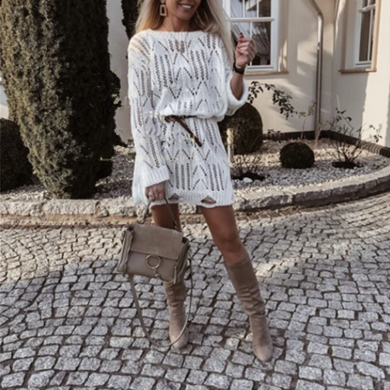 

Women Sexy Hollow Out Round Neck Full Sleeve Mini Dress Fashion Solid Color Loose Knitting Party Dresses Female Pullover Vestido
