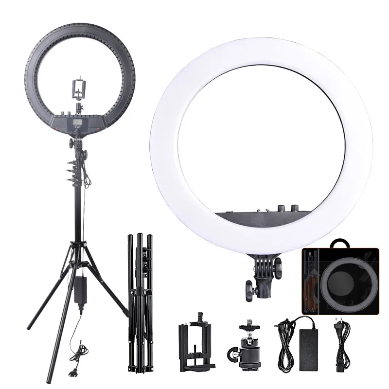 Kopen Fosoto RL-18BII Fotografische Licht Camera Telefoon Led Ring Licht Bi-Kleur 3200-5600K Make Ring Lamp Met Statief En Batterij Slot