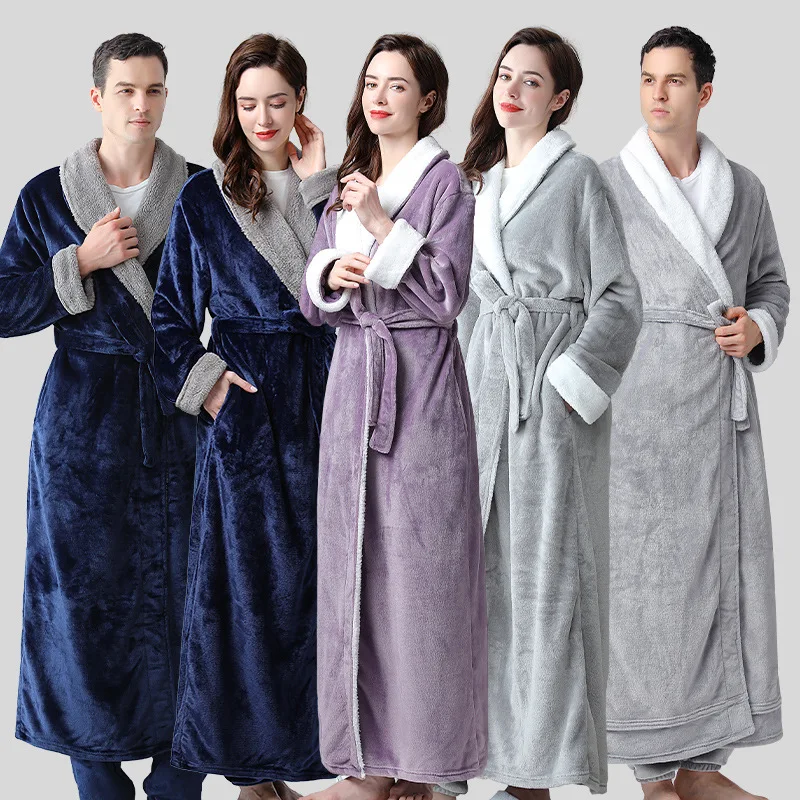 

Flannel 2 Pieces Pajamas Set Winter Couple Soft Nightgown Sleepwear Kimono Bathrobe Gown Warm Lounge Wear Robe&Pants Home Wear