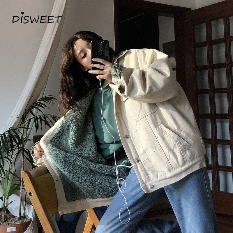 

Thickened Lapel Denim Jacket Woman Simple Pocket Stitching Warm Women's Jacket Autumn Winter Loose Check Denim Jacket Ladies