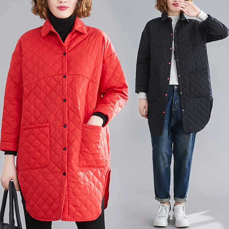 Autumn Winter Cotton Jacket Parkas Oversize Mid-length Irregular Hem Plaid Quilted Women Fashion Big Pocket Casual Jackets 2023