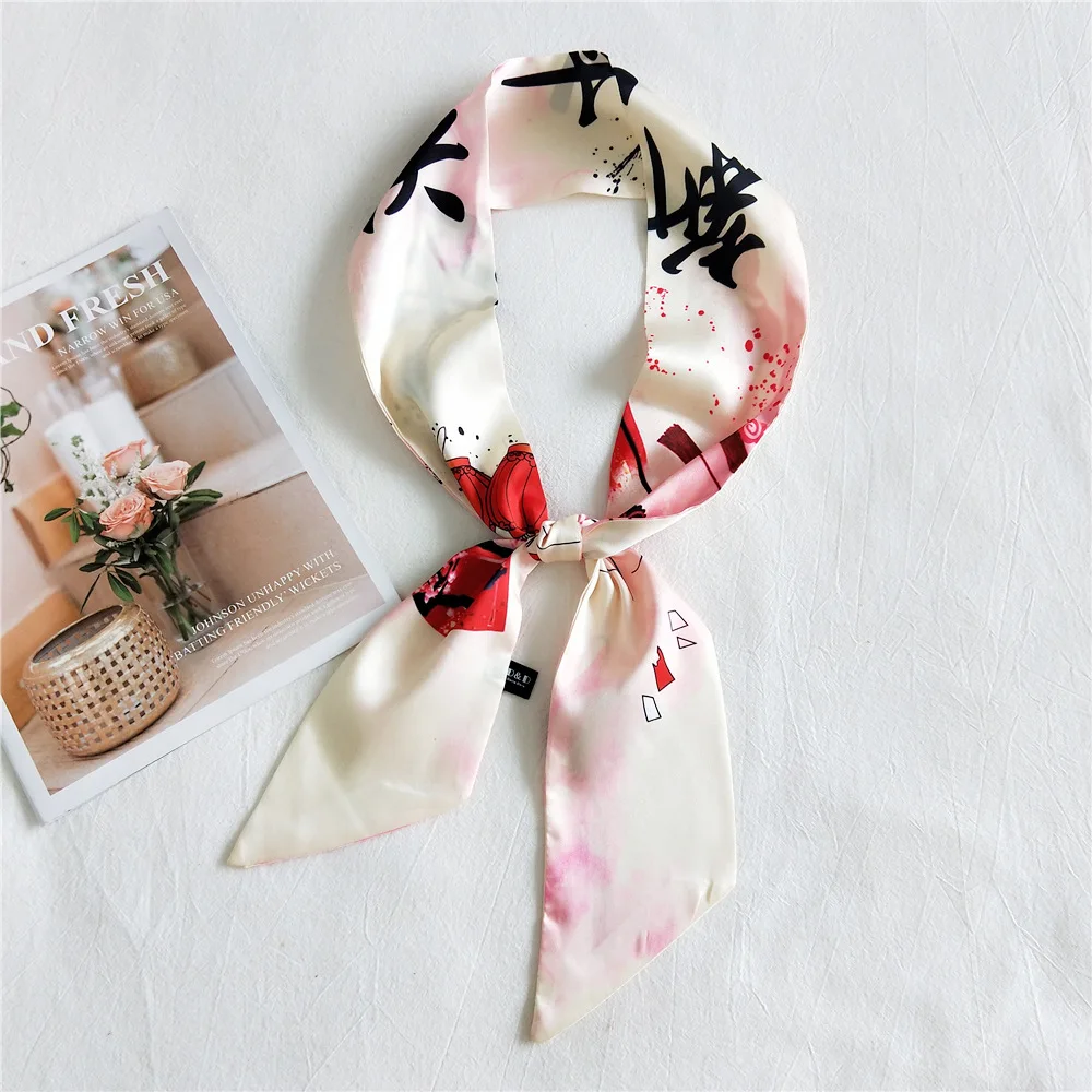 

luxury silk scarf women designer Geometric Grid small ribbon tied bag handle hair towel Head Handle Bag Ribbon Long Scarves