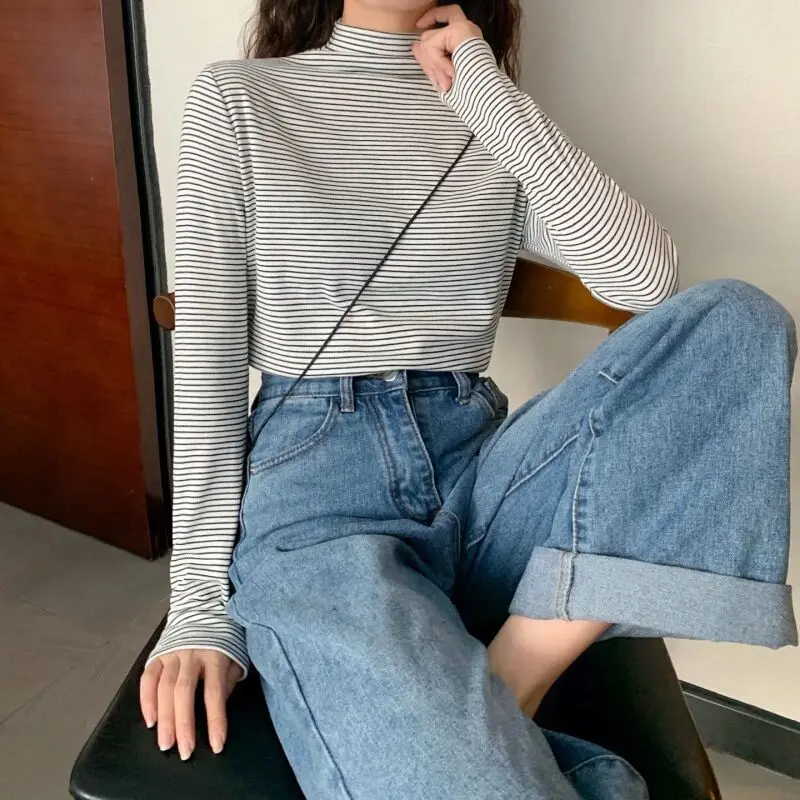 

The latest half-high collar women's bottoming shirt spring and autumn slim woman tshirts striped long-sleeved t-shirt Women Tops