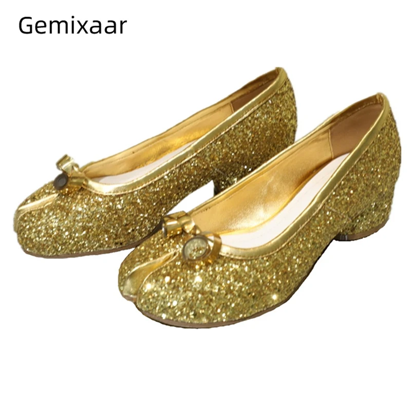 

Bling Sequins Split Toe Women's Pumps Round Heels Little Bowtie Slip-on Spring Autumn Outwear Shoes For Girls