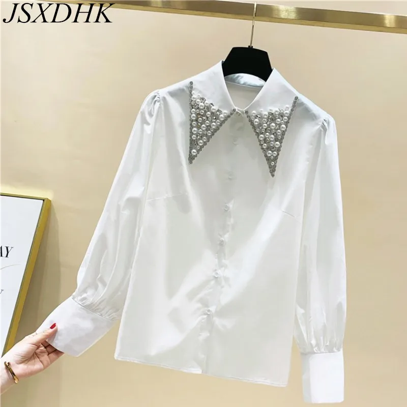 

Женская Офисная рубашка, белая блузка с длинным рукавом и воротником с жемчужинами и стразами, офисная блузка для осени, 2023