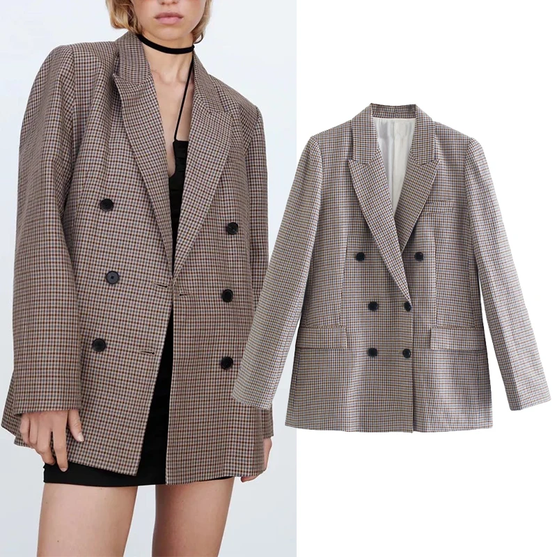 

ZA Autumn Women Blazer Jacket 2021 Vintage Plaid Notched Coat Office Lady Double Breasted Long Sleeve Causal Tops Outerwear