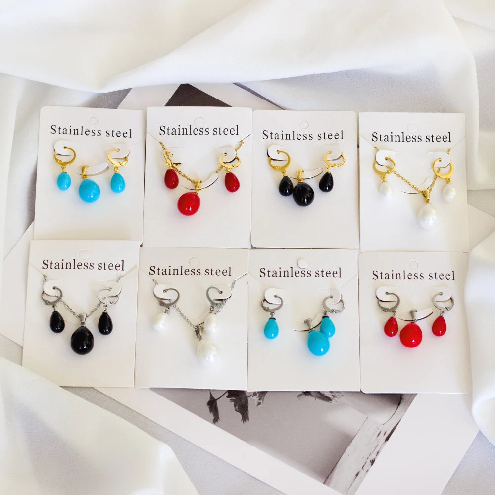

2021 Water Drop Shells Pendant Necklace and Earrings Set 316L Stainless Steel Gold Silver Color Fashion Jewelry Set for Women
