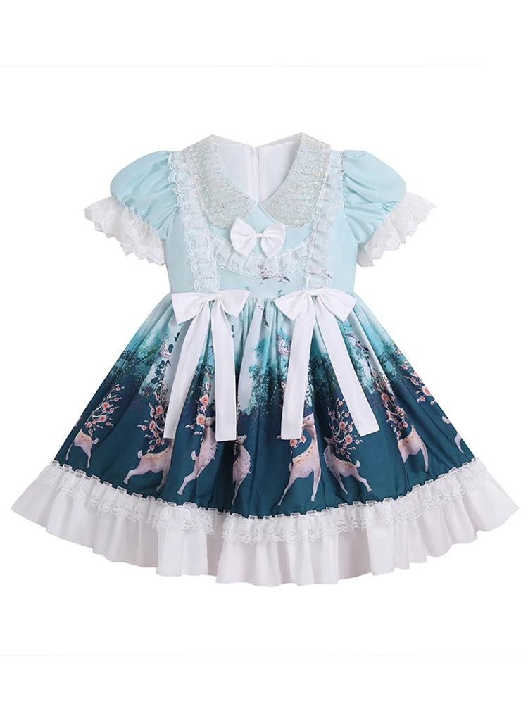 

Summer Japanese Child Girls Students Skirts Lantern Sleeve Cartoon Lolita Ball Gown Cute Print Princess Dress Lace Edge Bow