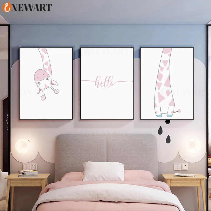 Розовый Жираф Печать Nodic Декор детской стены плакат дети Спальня украшение