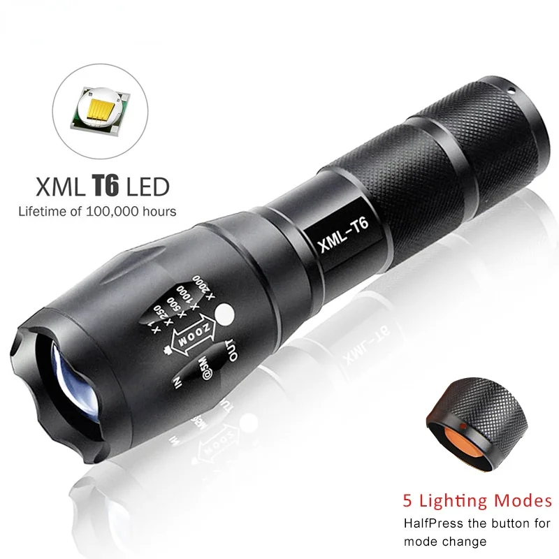 

LED Flashlight E17 XM-L T6 5000LM Aluminum Waterproof Zoomable Torch Light for 18650 Rechargeable Battery or AAA Camping