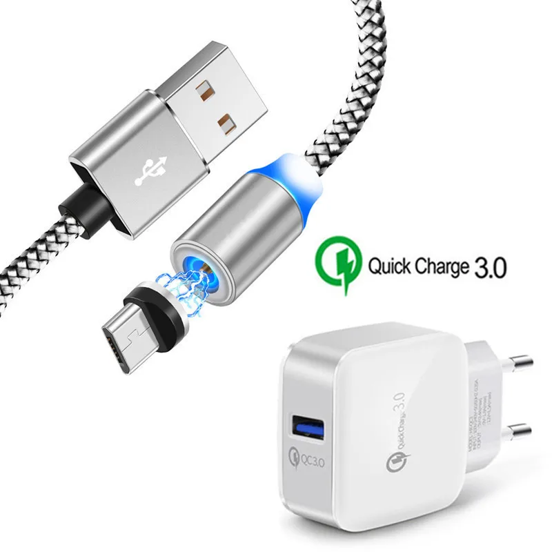 Магнитный Micro USB кабель + QC 3 0 быстрое зарядное устройство для Samsung galaxy Xiaomi Redmi Huawei P