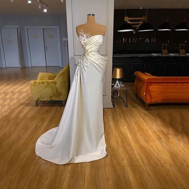 Белые Свадебные официальные платья из бисера без бретелек, свадебные платья русалки на молнии сзади, выполненные на заказ, высокое качество