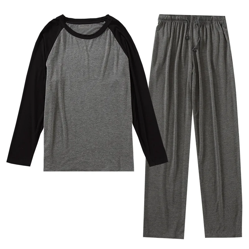 

Spring and summer men's modal long-sleeved trousers pajamas set splicing large size sports home service suit spring and autumn