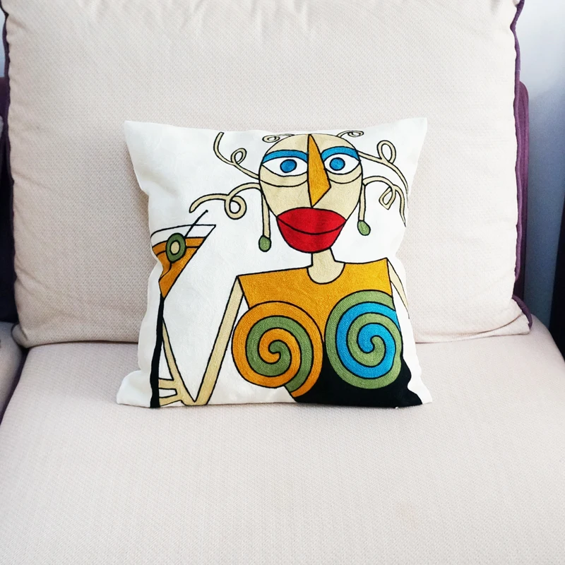 

100% Cotton Abstract Painting Embroidered Pillow Case Sofa Cushion Cover For Car Chair Cushion Case 45x45cm Without Stuffing