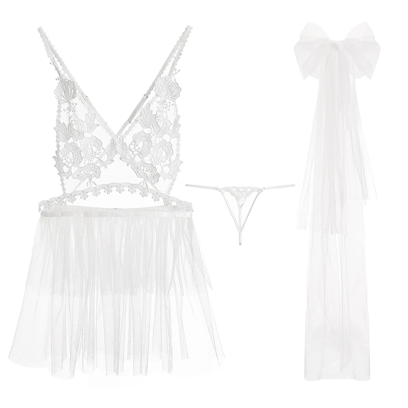 

Women Ladies Sexy White Suspender Backless See-through Lace Underwear Panties Lingerie Bridal Veil Princess Dress Sets