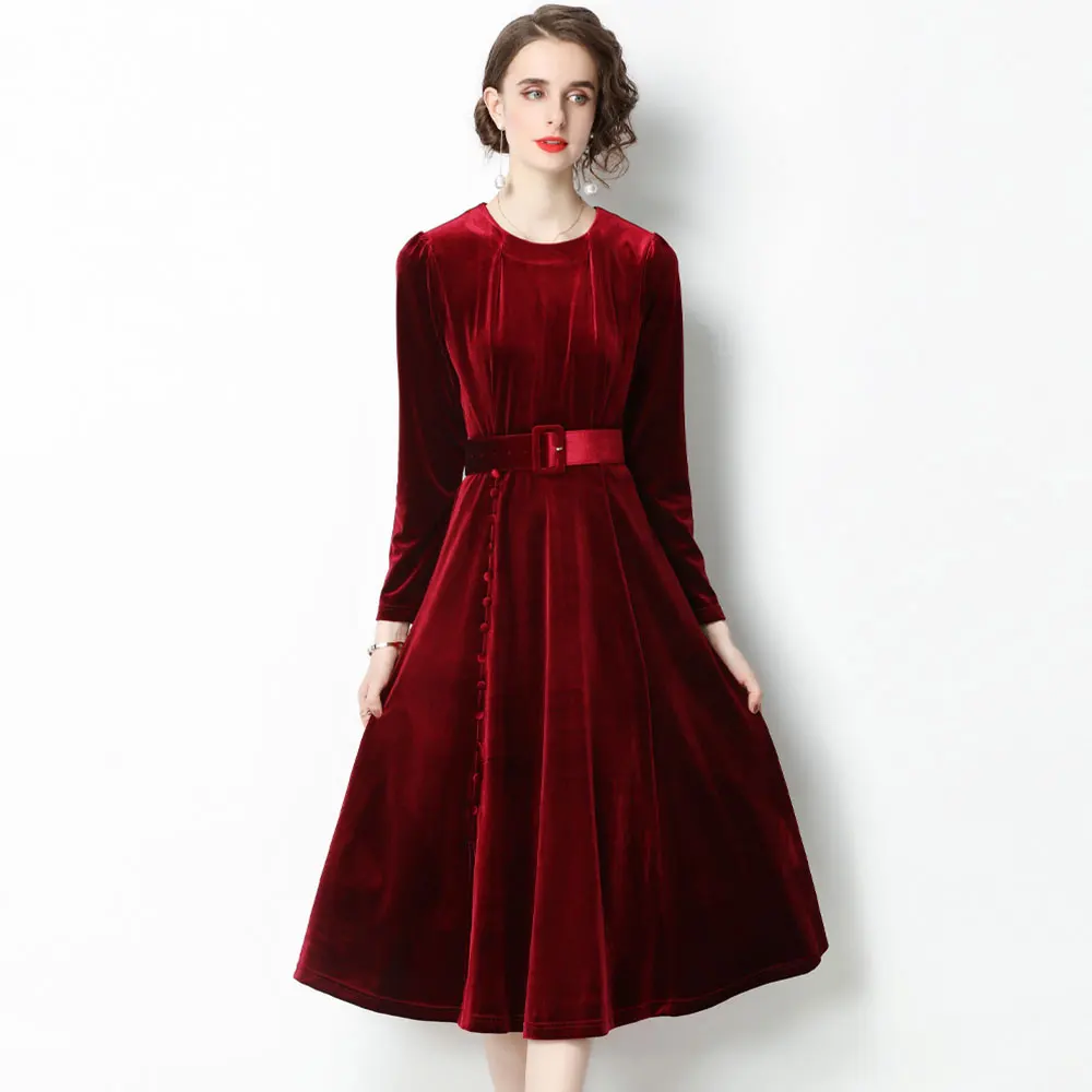 

2021 Winter Autumn Vintage Velvet Party Dress Female's O Neck Long Sleeve A Line Cooktail Evening Midi Dress with Belt S71830