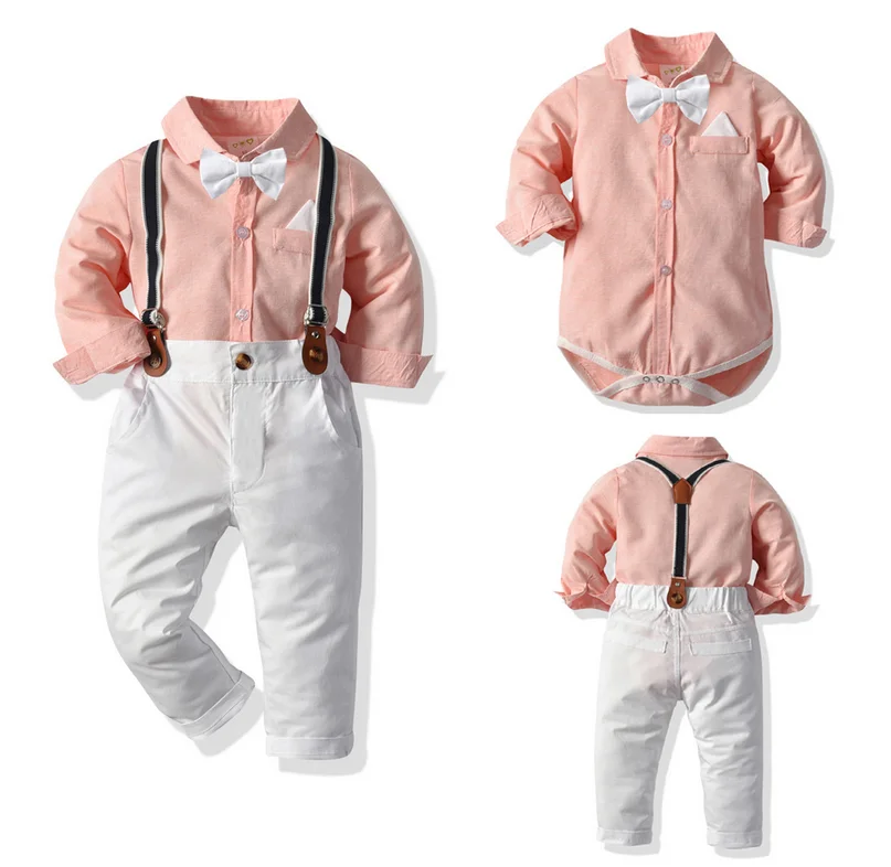 

Baby Boys Gentleman Outfits Suits Bowknot Lapel Long Sleeve Romper Shirt Top + Suspender Long Pant Boys Formal Party Clothes