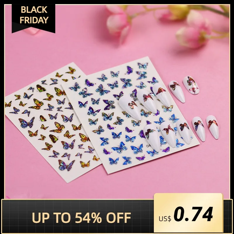 

60 Tips Laser Butterfly Nail Stickers Self Adhesive Sliders Colorful Simulation Bronzing Nail Art Stickers for Nails Decoration