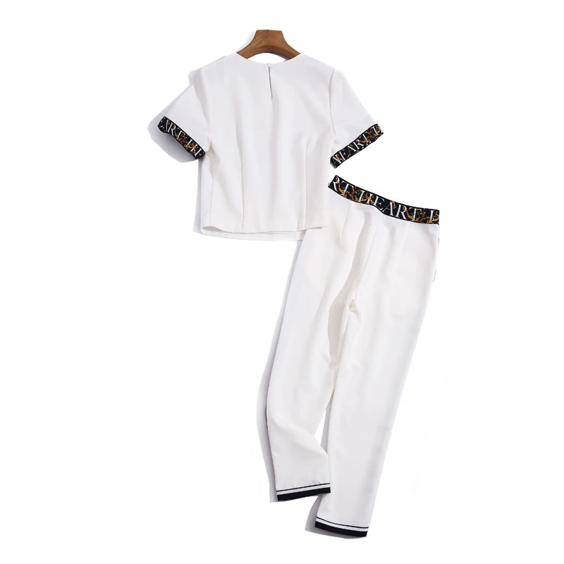 

Fashion Runway Summer New Female Sets Party Delicate Heart-Shaped Beading Print Short Sleeve Top + White Trousers Two-Piece Suit