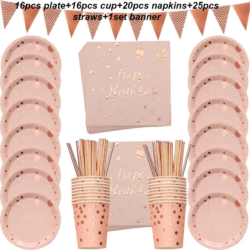 

78pcs Rose Gold Happy Birthday Printing dot Disposable Tableware Set Paper Plate Cup birthday party decoration girl baby shower