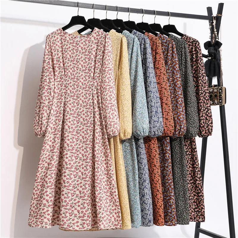 

2021 New Floral Printed Chiffon Dress Women Autumn Spring Long-sleeved O-Neck High Waist Long Dresses Female Vestidos