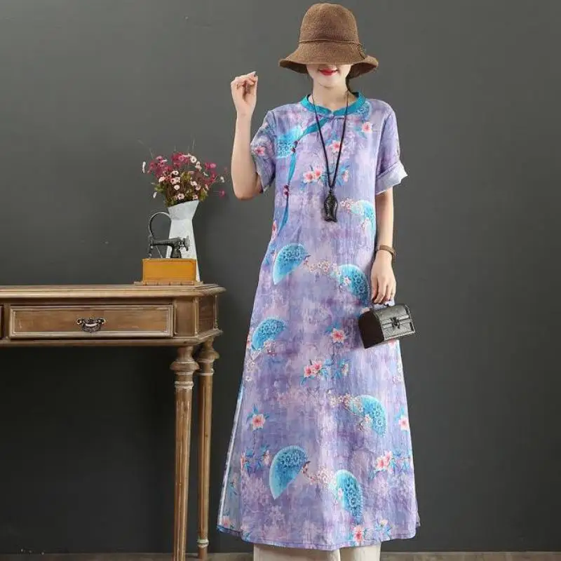 

2020 Summer New Vintage Floral Art Cheongsam Disc Button Plus Size Elegant Cheongsam Short Sleeve Dress Women Tide Free Shipping
