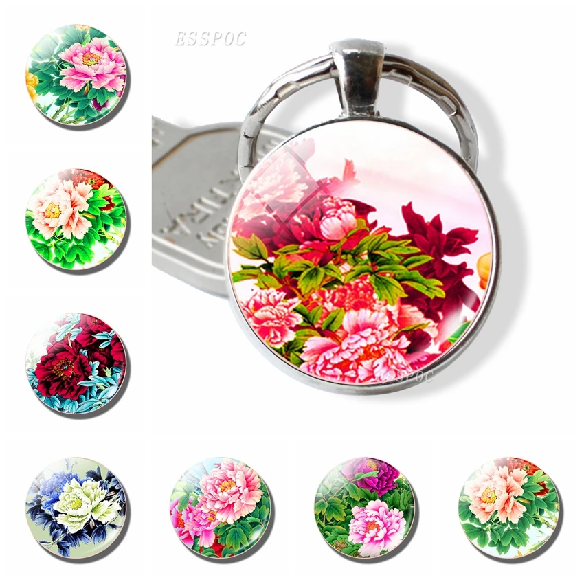 Красивый цветок пиона 25 мм брелок Модный Круглый стеклянный купол ювелирные