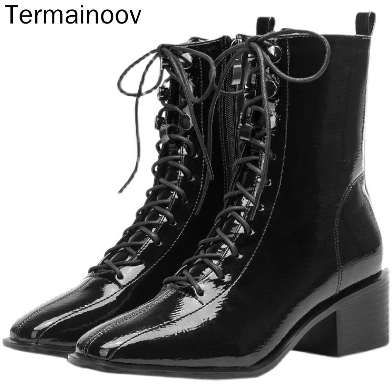 

Женские короткие ботинки Termainoov с квадратным носком, на толстом каблуке, со шнуровкой и молнией, ботинки мартинсы, Классическая обувь, модные...