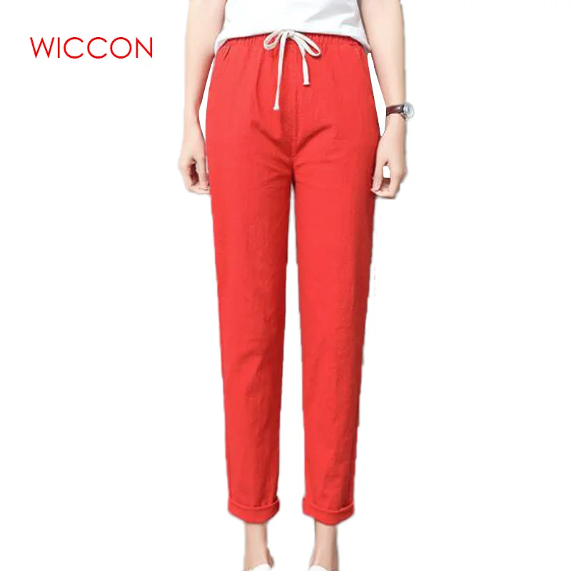 Брюки женские длинные однотонные повседневные хлопково льняные штаны до