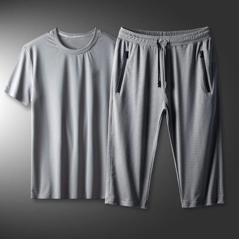 

2021 Summer Ice Mesh Plus Size Loose Sports Corset Casual Suit Short Sleeve Pants Men's Tracksuit Men Two Piece Chandal Hombres