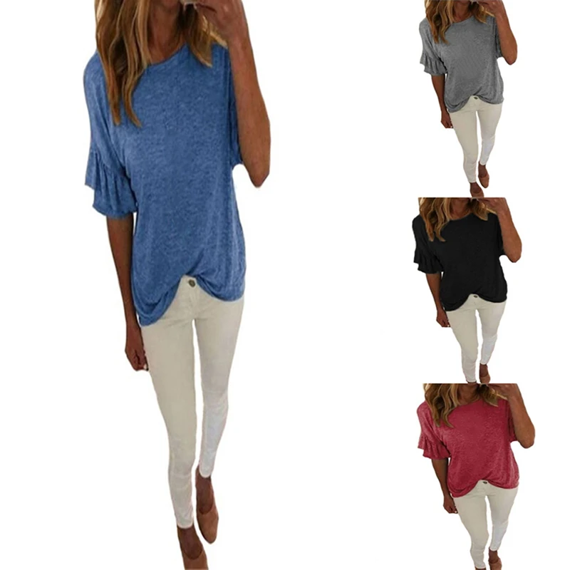 Женские тонкие топы с рюшами на рукавах летняя футболка круглым вырезом модная