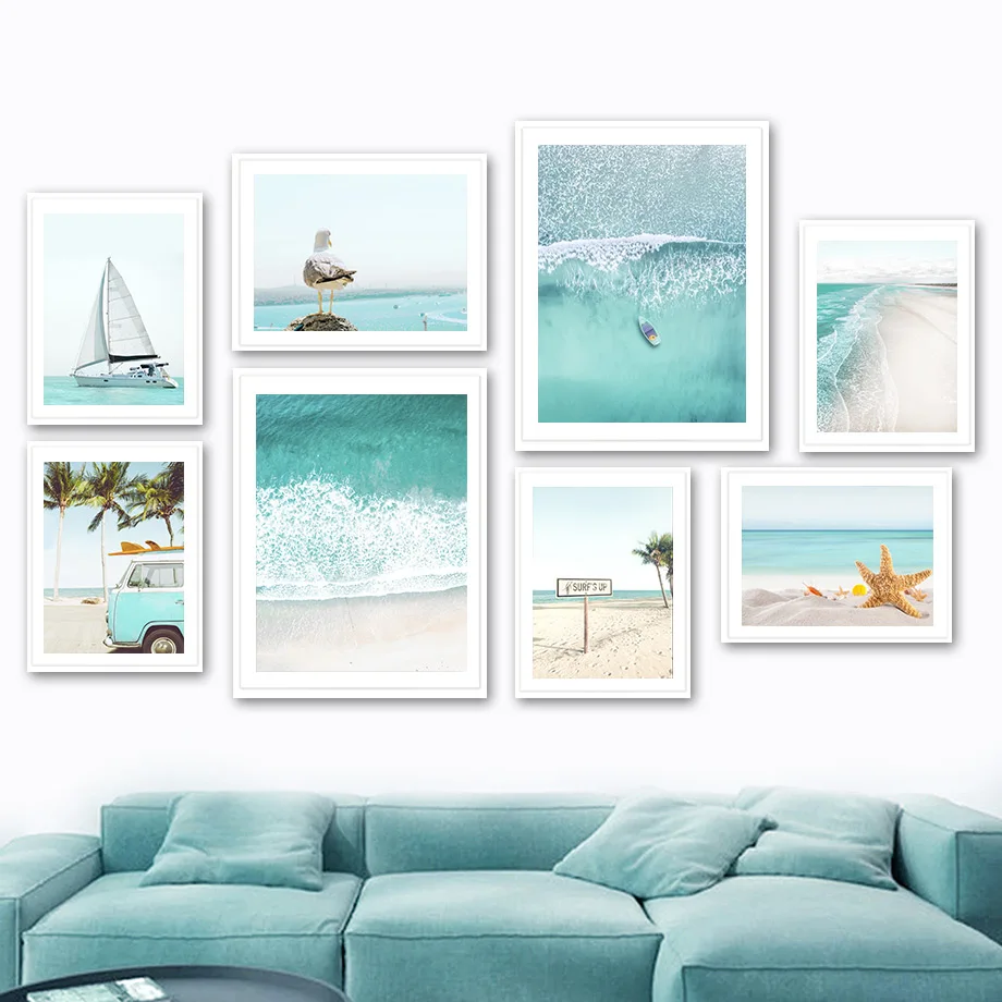

Blue Wave Sail Beach Bus Seagull Starfish Wall Art Canvas Painting Nordic Posters And Prints Wall Pictures For Living Room Decor