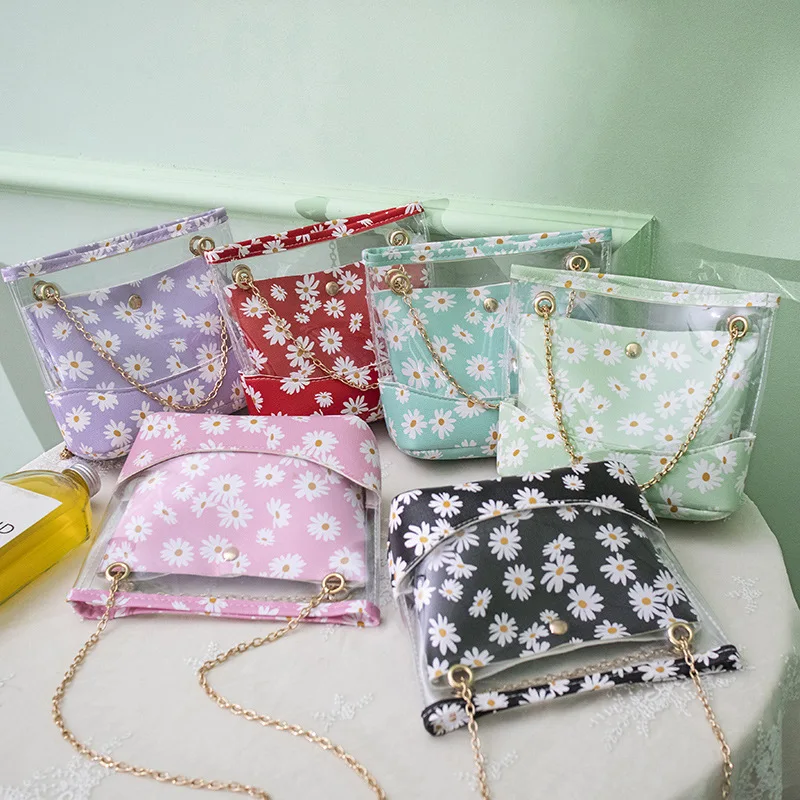 

Daisy Floewrs Summer Transparent Clear PVC Jelly Shoulder Bag Women Girl Purse Handbag Long Chain Mini Crossbody Messenger Bags