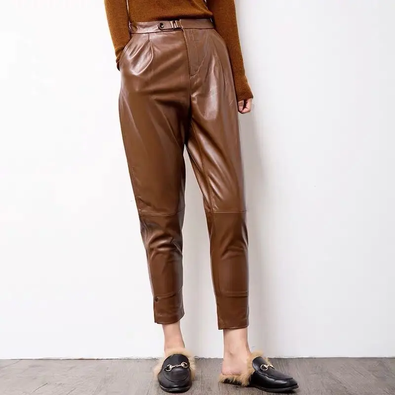 Women pants genuine sheep leather pants High waist black harem pants Elastic belt waist Trousers new fashion