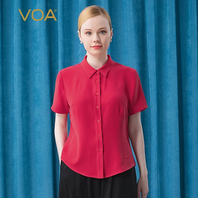 Bestellen VOA 30 Mt/mt Silk Shirts Helle Orange Revers Kurzarm Tops BT69 Einreiher Gerade Neck Knackig Alte Klassische Hemd Für Frauen