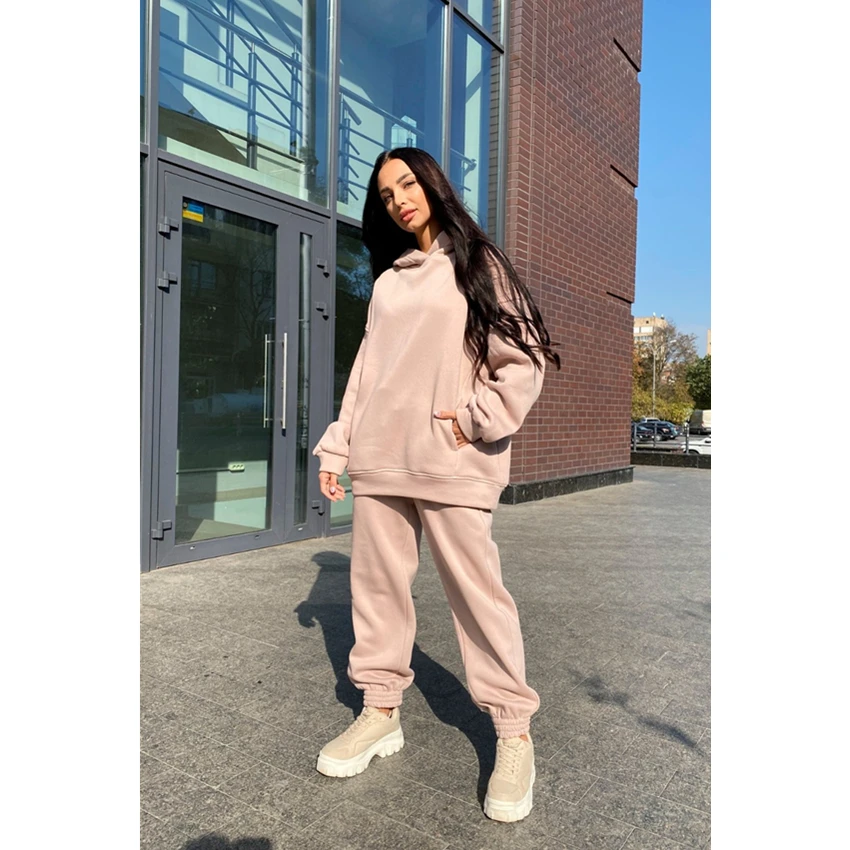 

Casual Women's Two Piece Set Loose Long Sleeve Hoodie Suit Winter Apricot Home Two Piece Set Tracksuit Women 2020 News