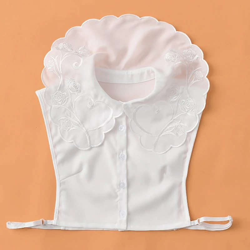 

Korean Women Chiffon Detachable Half Shirt Shawl Vintage Rose Floral Embroidery Lapel False Collar Decorative Dickey Top