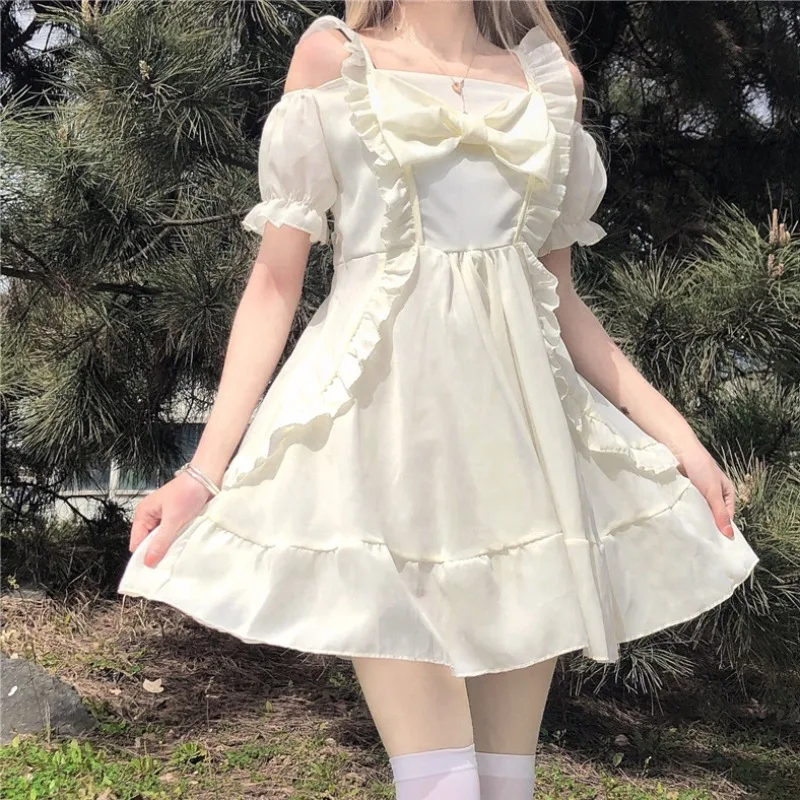 

Japanese Styleb Summer New off-the-Shoulder Ruffled Bow Cinched Slimming Short Sleeves Dress for Women lolita dress gothic