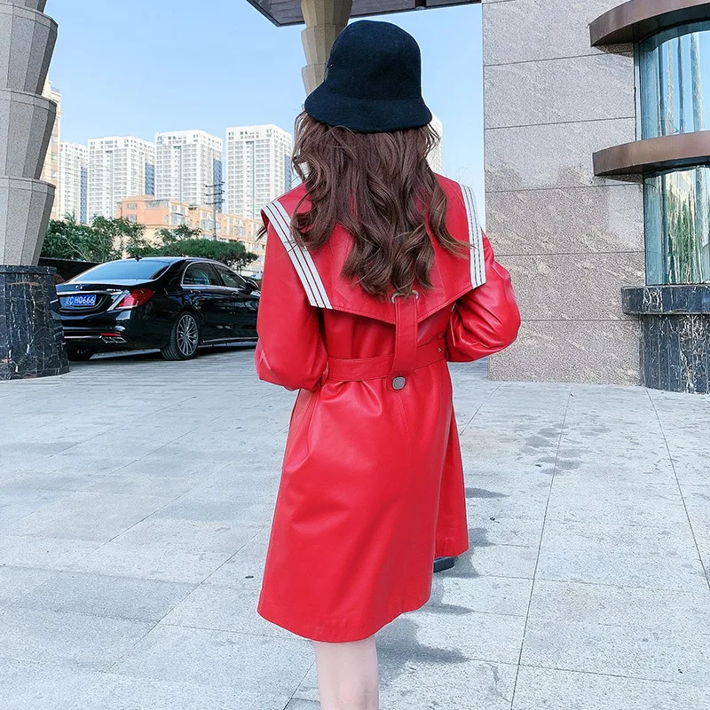 Autumn New Designer Women's Sheepskin Belt Overcoat Korean Style Genuine Leather Trench Coat C483