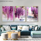 Картина с фиолетовыми цветами, деревом, лебедем, озером, пейзаж, скандинавский пейзаж, природа, холст, настенная живопись, картина в скандинавском стиле