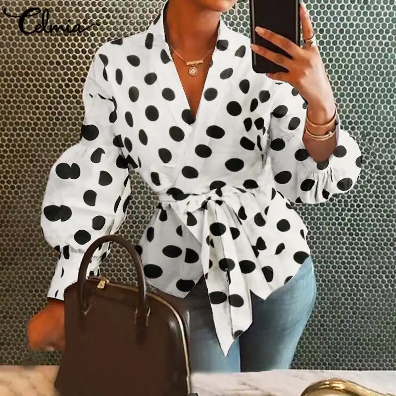 

Celmia Elegant Vintage Tops Women Blouse 2022 Fashion Sexy V-neck Point Dot Shirt Casual Belted Lantern Sleeve Blusas Femininas
