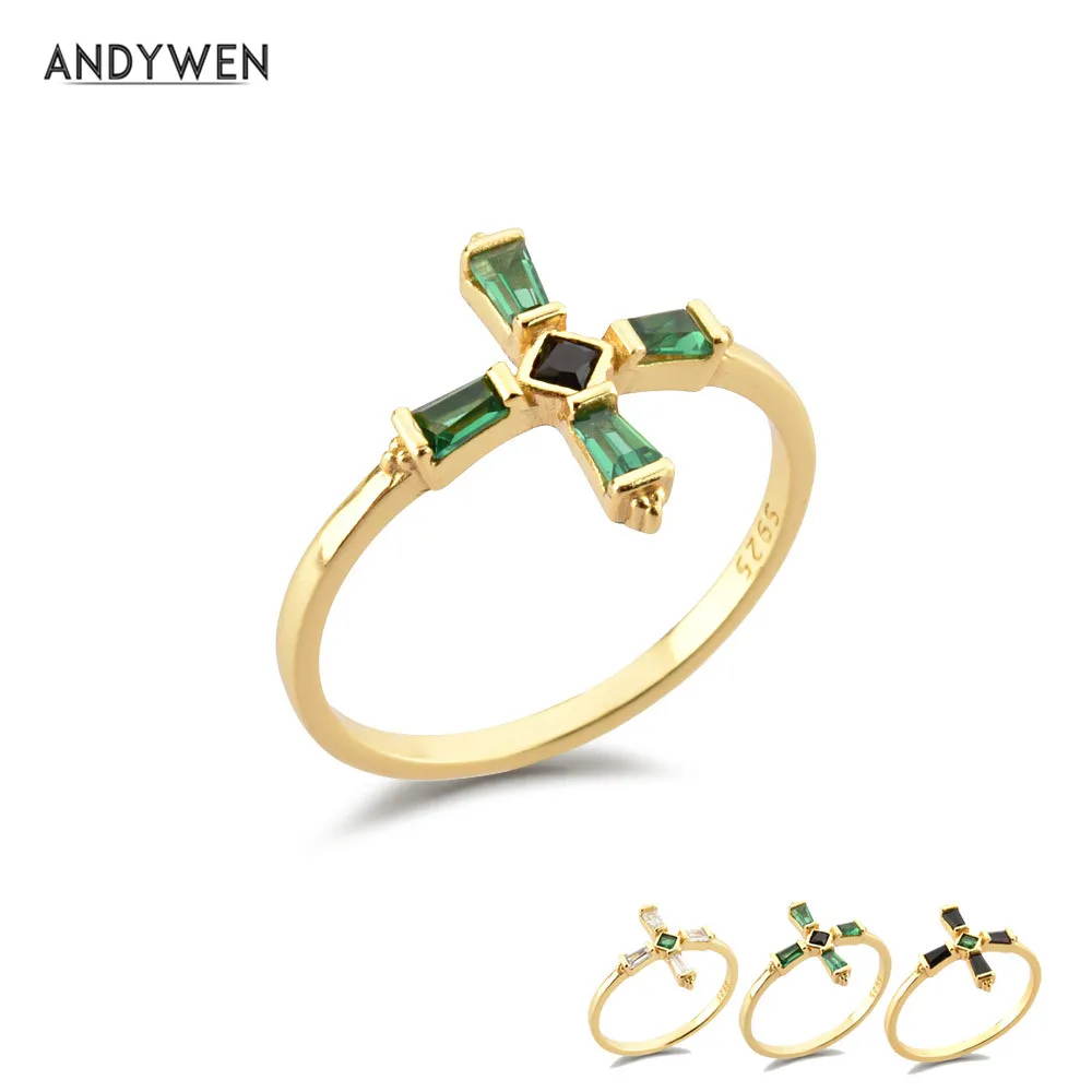 ANDYWEN 925 Sterling Silver Green Cross Luxury Ring Jewelry Fine Jewelry 2021 Wedding Jewels Slim Size Crystal Green Anillo Fino