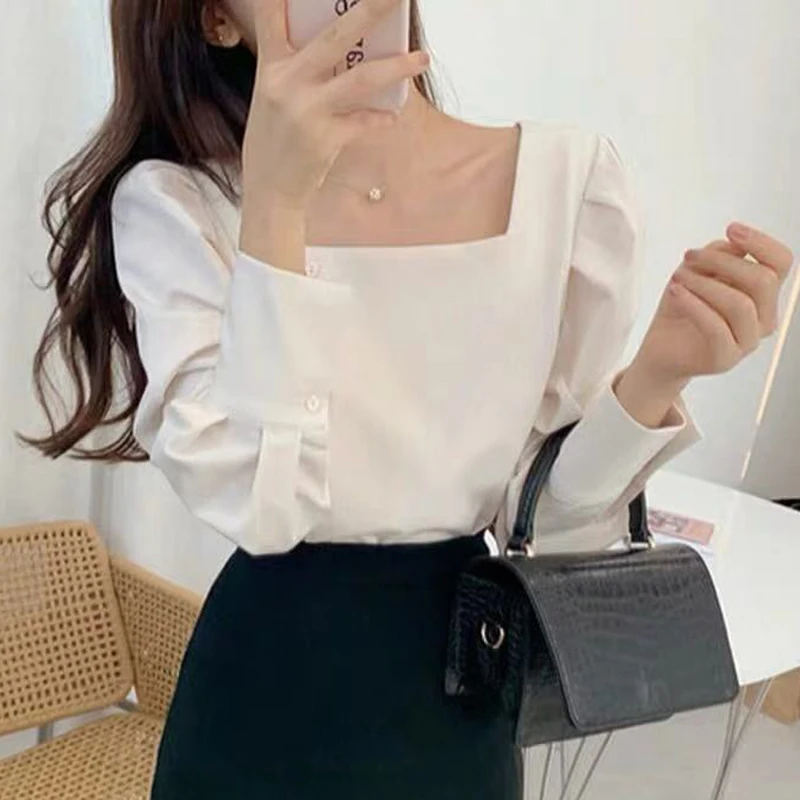 Винтажные женские блузки с рукавом фонариком и квадратным воротником