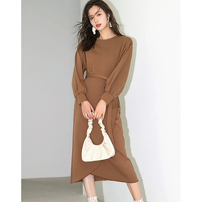 

New Autumn and Winter Long O Neck Knitted Dress Temperament Slim Slit Fall Fashion Clothes for Women 2021