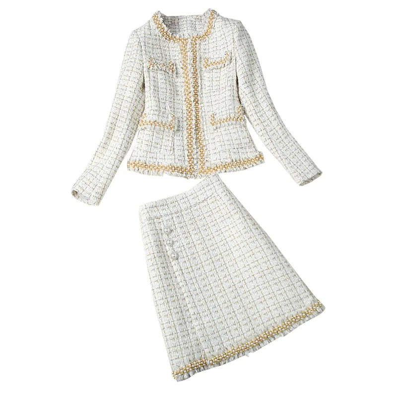 Autumn And Winter Fashion Suit Female 2019 Korean New Nail Bead Pocket Tweed Jacket Skirt 2 Piece Set Women Outfits |