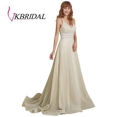 Шампанское VKbridal сексуальное вечернее платье с v-образным вечернее платье ТРАПЕЦИЕВИДНОЕ Сверкающее платье для выпускного вечера Длинные вечерние платья со стразами реальное изображение - Цвет: Шампанское