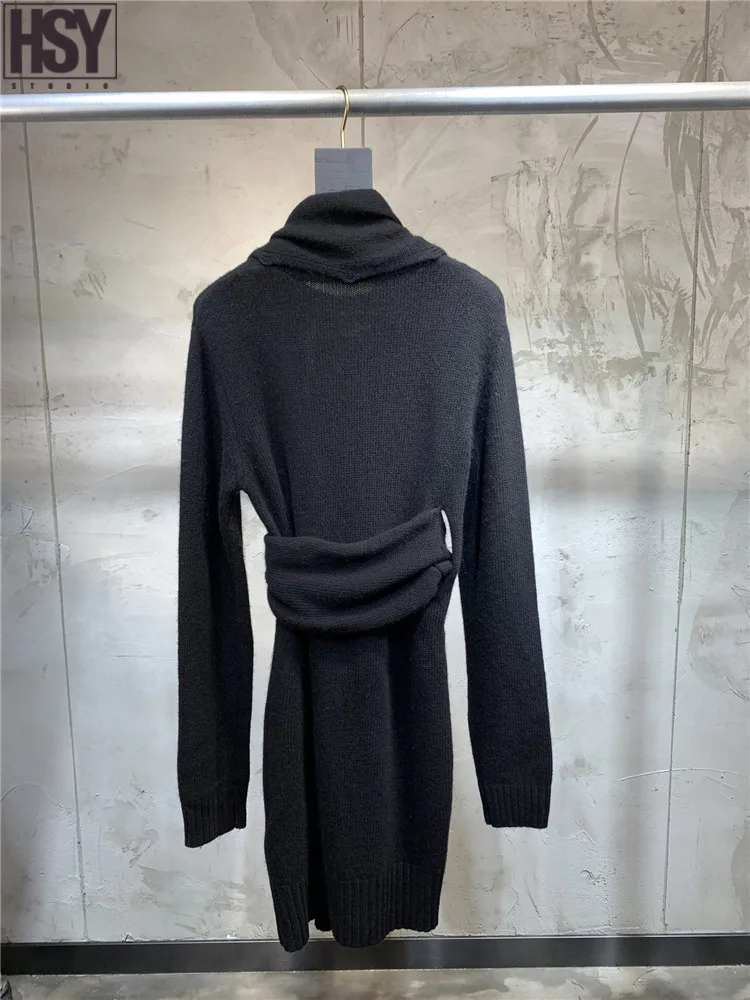 2019 Autumn Winter New Women Long Sleeve O-neck Scarf Decoration Black Loose Sweater Knit Dress | Женская одежда